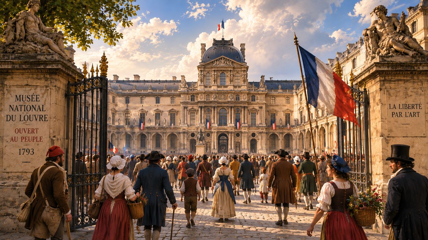The grand neoclassical facade of the Louvre palace seen across a wide courtyard, the glass pyramid visible in the foreground under a clear Paris sky