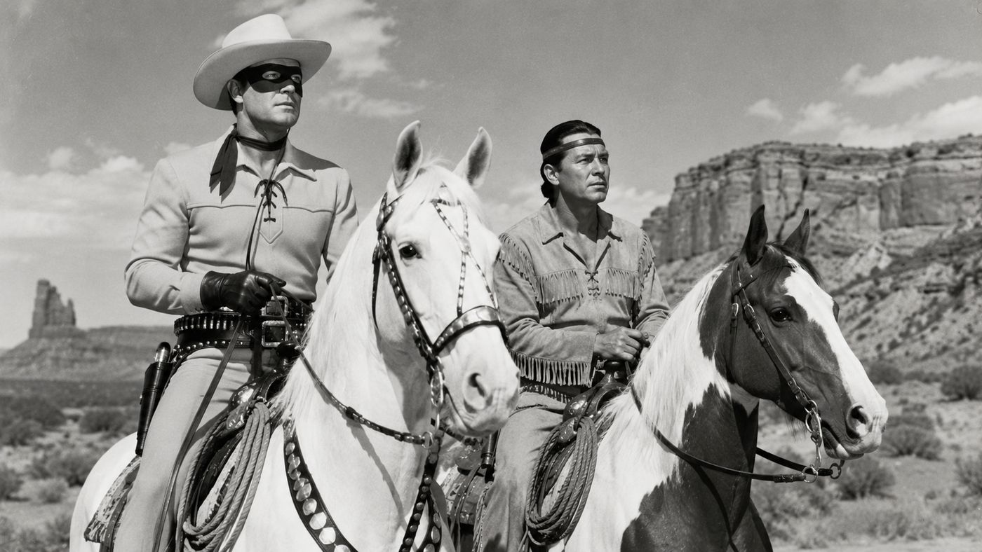 A 1950s American Western television set with two riders on horseback against a dramatic desert landscape, the scene shot in the style of 1950s black and white television production