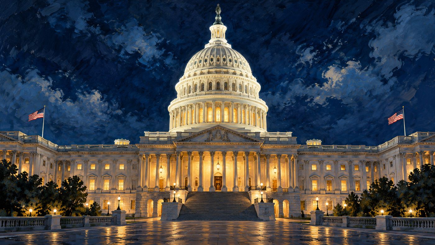 A painterly illustration of the United States Capitol building at night — the illuminated dome rising above the darkened city, its white stone glowing against the night sky, the symbol of American legislative power rendered in its most iconic form