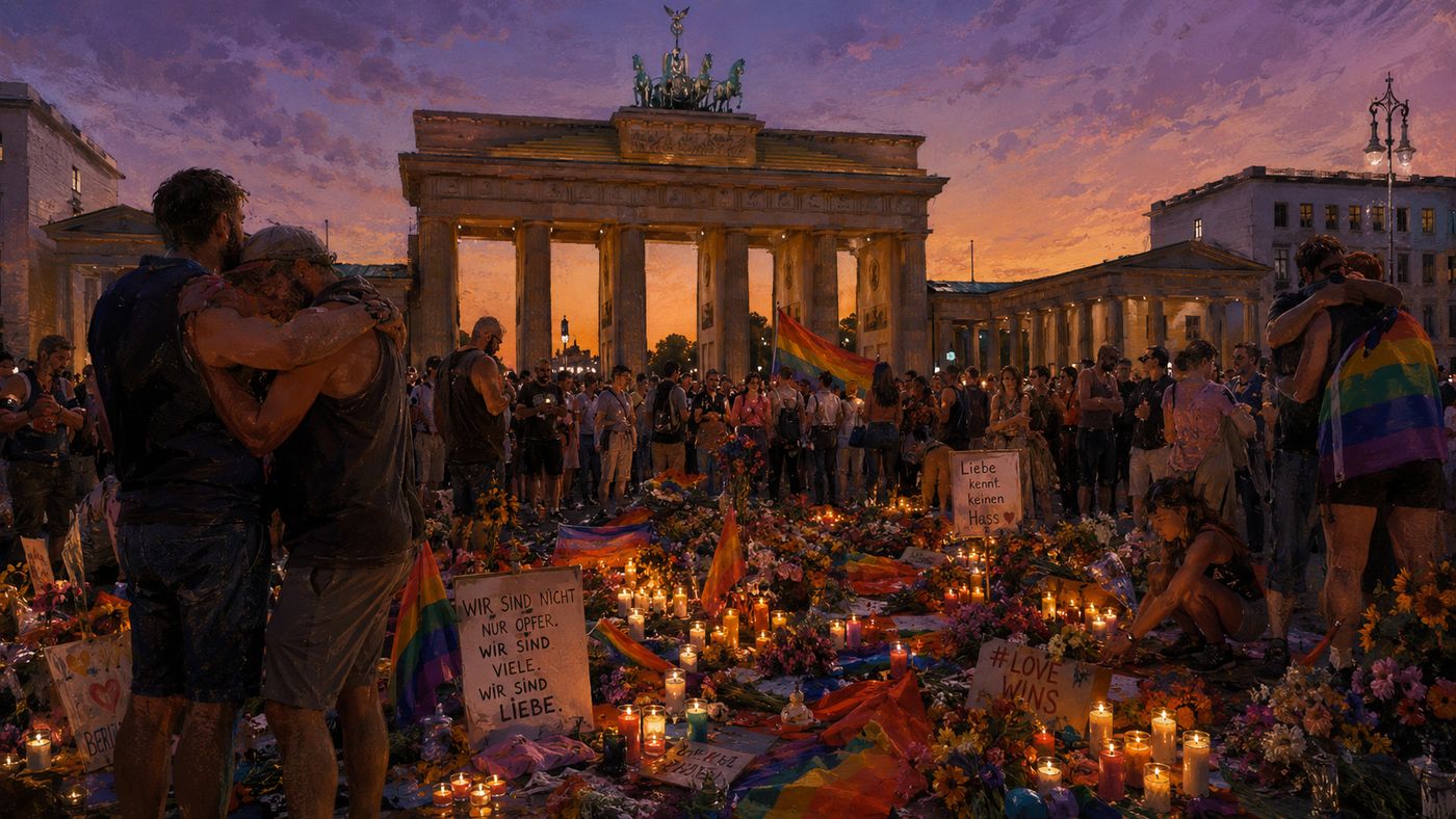 Mourners laying flowers, candles, and rainbow flags at a memorial outside the Brandenburg Gate in Berlin following the Pride attack