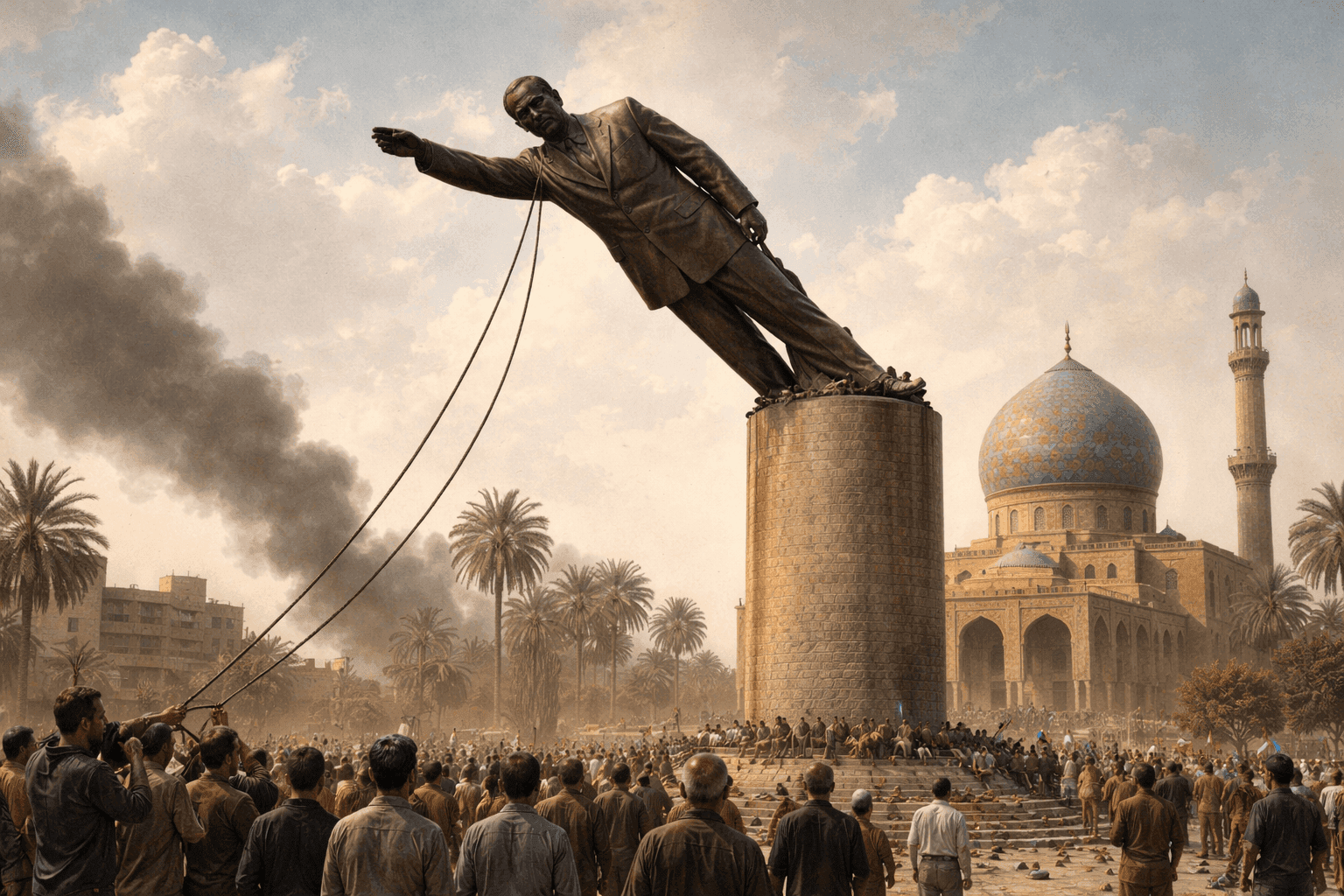 A large bronze statue of a political figure being pulled down from its pedestal in an urban Middle Eastern square in 2003