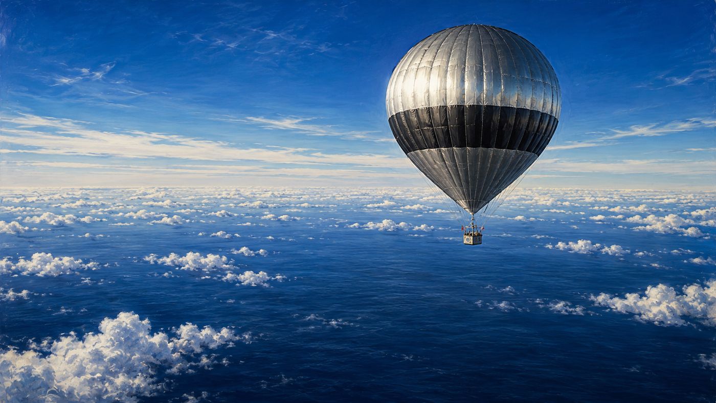 A large helium balloon floating over the open Atlantic Ocean, its gondola visible beneath the enormous envelope, clouds stretching to the horizon