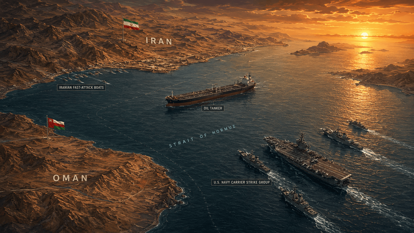 U.S. Navy warships patrolling the narrow waters of the Strait of Hormuz, the Iranian coastline visible in the distance