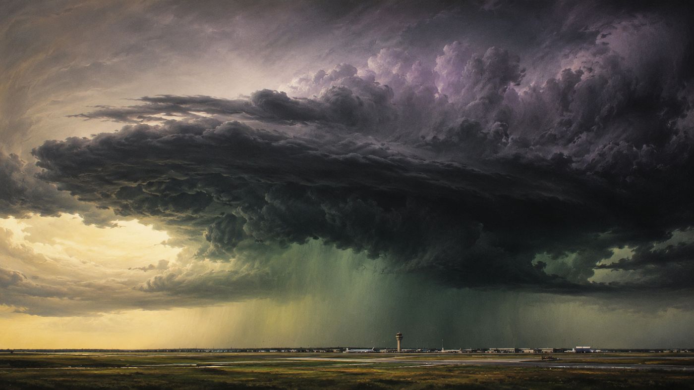 A dramatic storm cell over a flat Texas landscape, dark anvil-shaped thundercloud against a turbulent sky, the airport visible in the distance