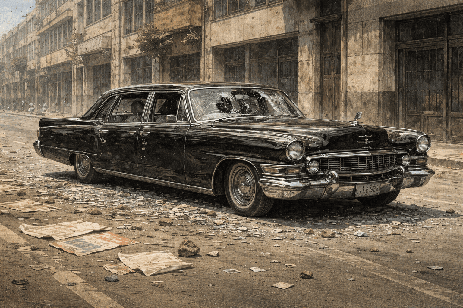 A damaged black diplomatic limousine with shattered windows on a Venezuelan city street surrounded by debris in 1958