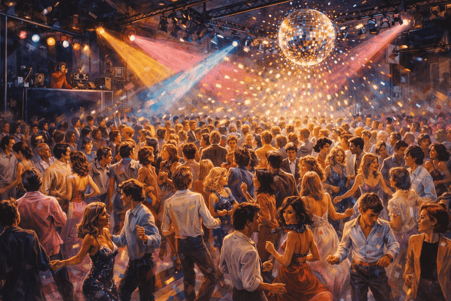 A packed 1970s nightclub dance floor bathed in colored disco lights with dancers in period fashion and a mirror ball overhead