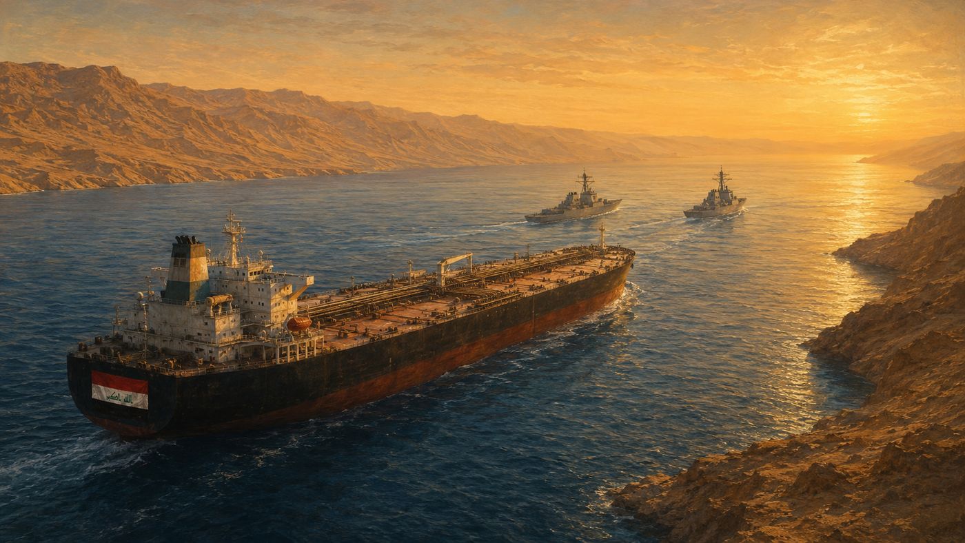 An Iraqi oil tanker navigating through the narrow Strait of Hormuz, the Iranian coastline visible to the north, U.S. Navy vessels in the distance