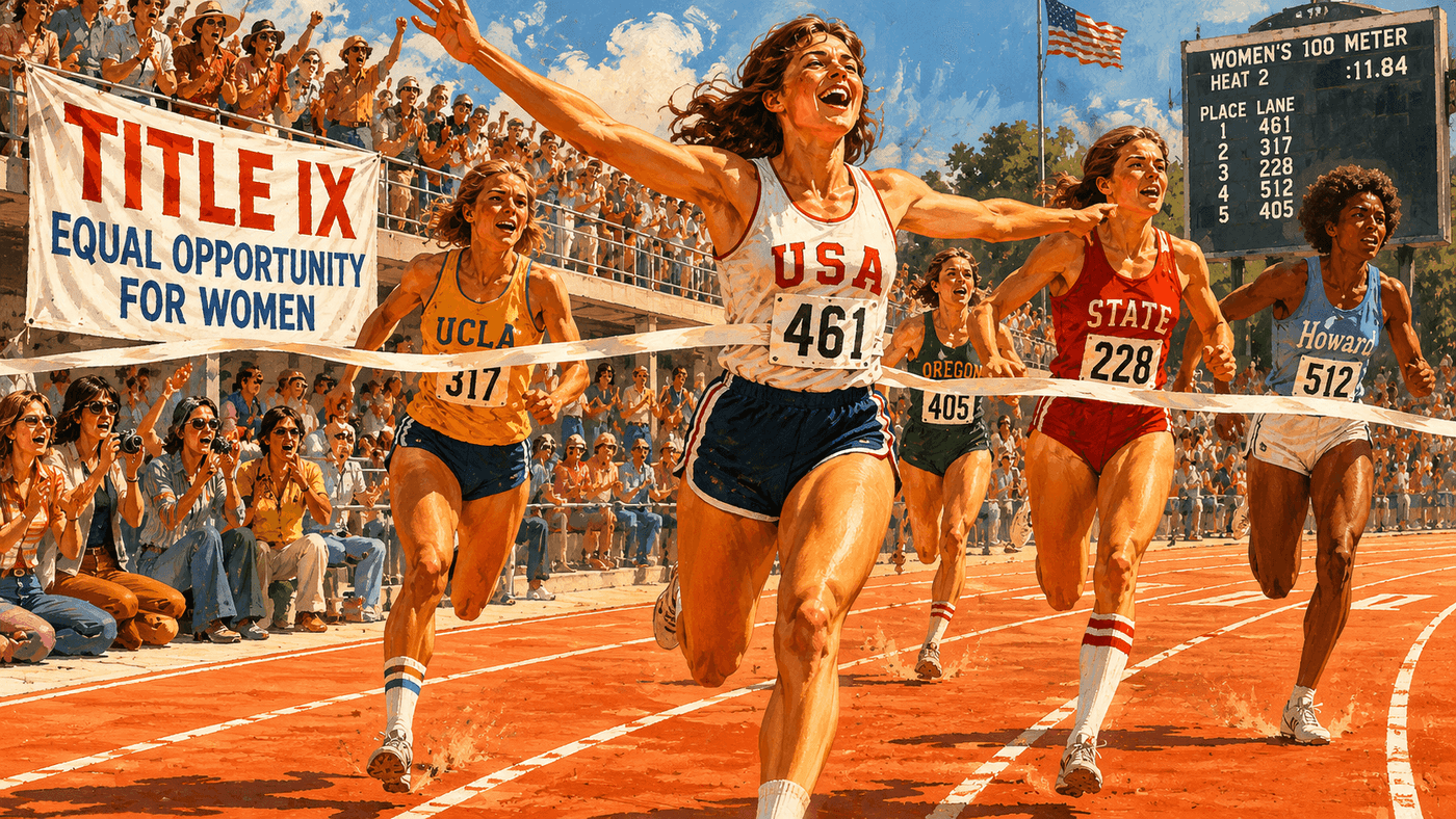 A 1970s women's athletics scene with female runners on a track at a college campus, spectators in period dress watching from the sidelines