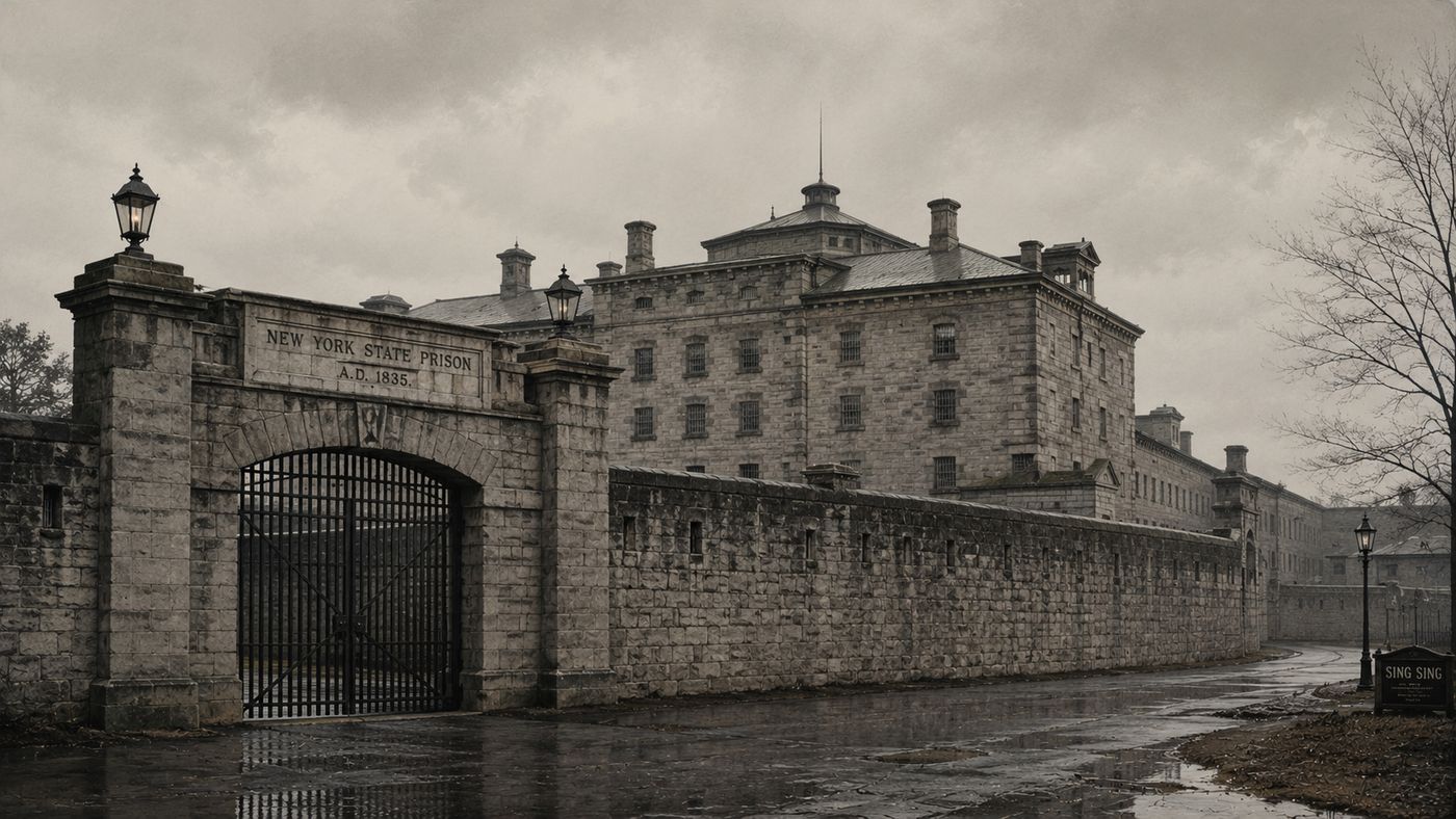 The austere stone exterior of a 19th century New York state prison, high granite walls and iron gates in gray morning light