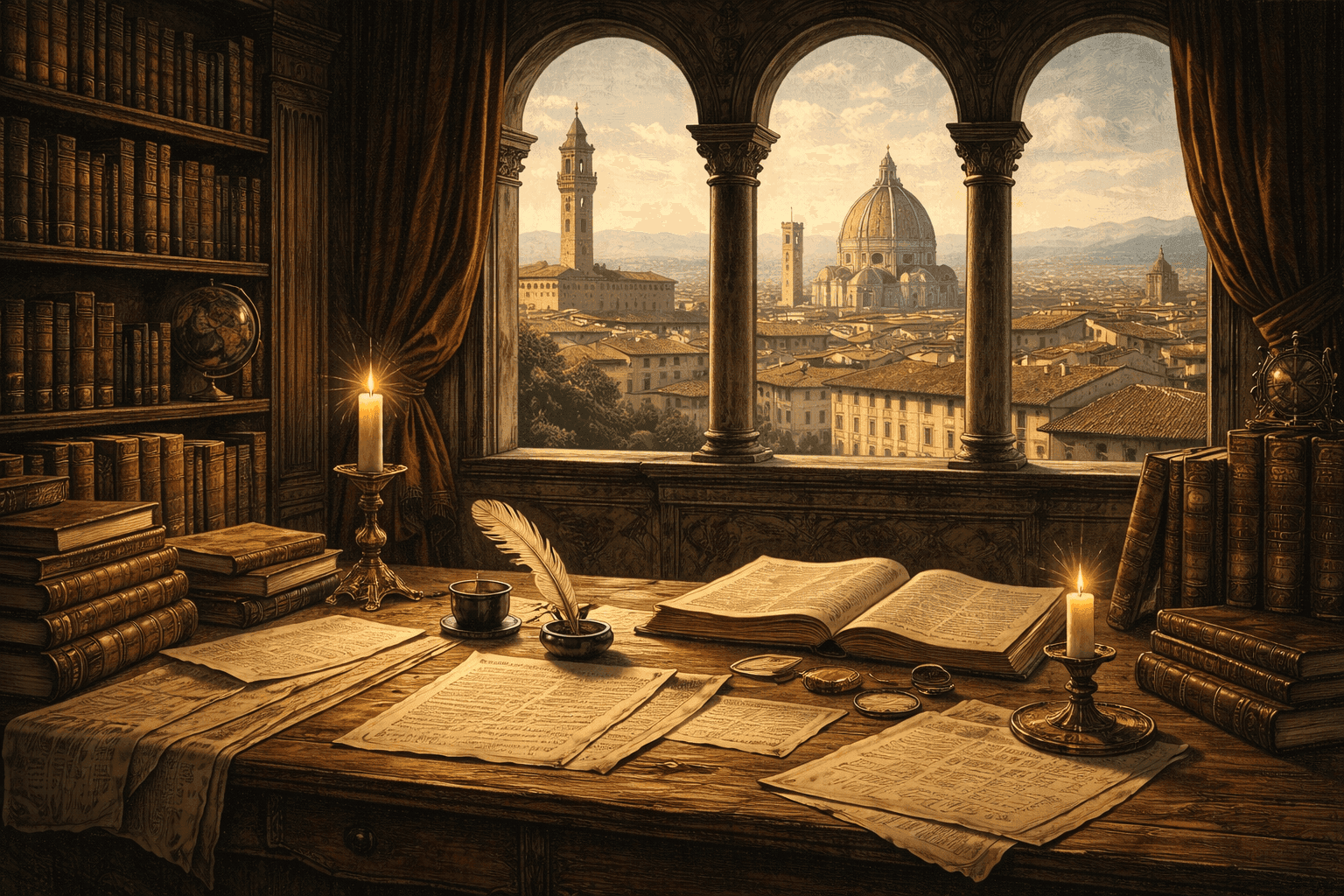 A Renaissance scholar writing by candlelight at a wooden desk in a Florentine study surrounded by books and manuscripts