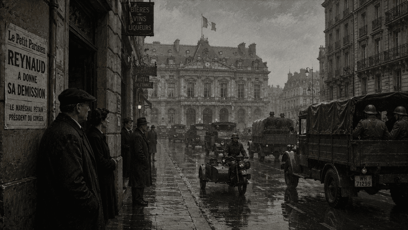 A wartime European city street in 1940 with civilians watching military vehicles pass under a grey sky