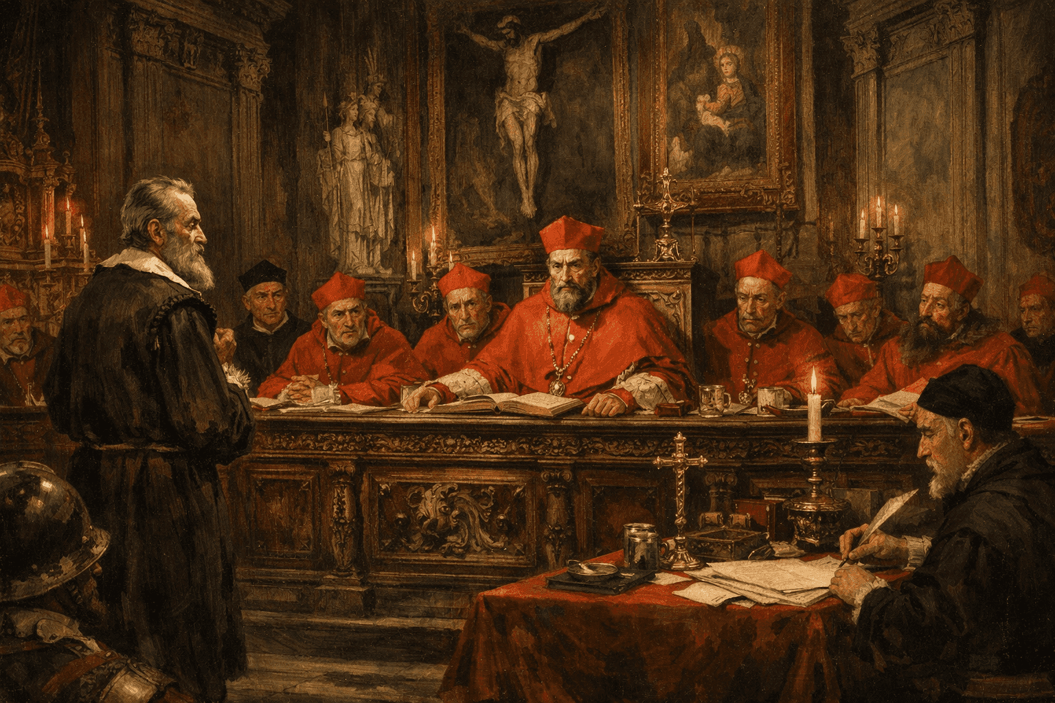 Galileo Galilei standing before the Roman Inquisition tribunal with cardinals and church officials in a formal Vatican chamber