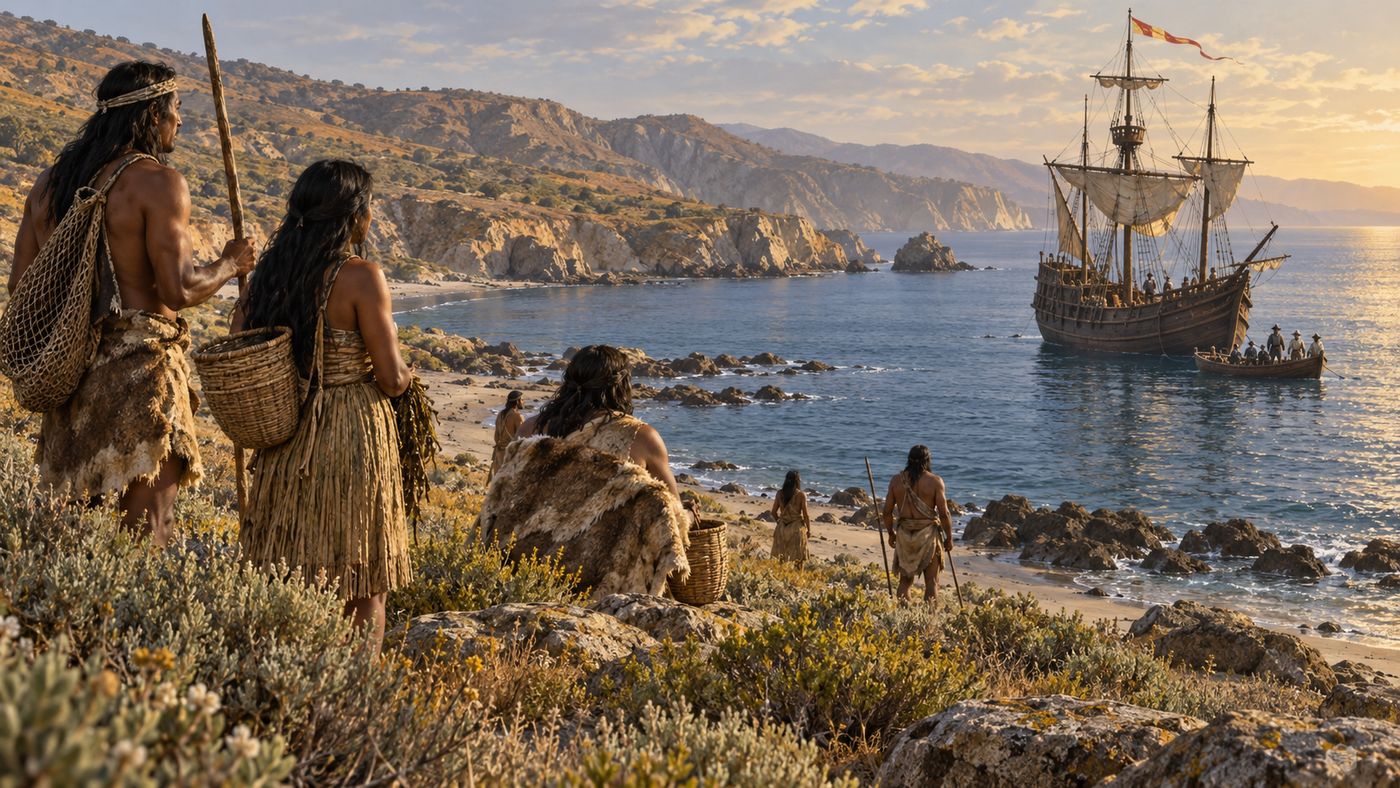 A 16th century Spanish sailing vessel anchored in a calm Pacific bay, the rocky California coastline visible, indigenous figures visible on the shore observing the arrival