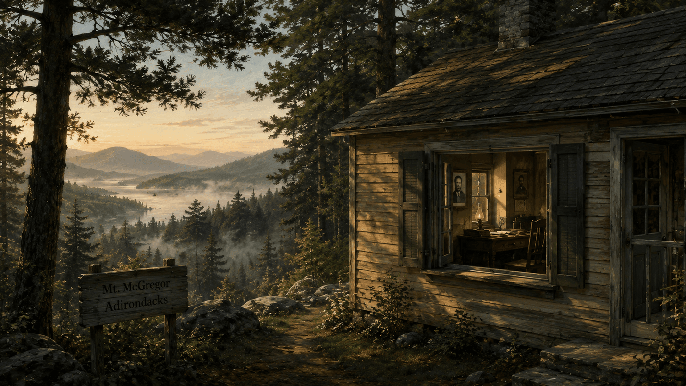 A modest wooden cottage in the Adirondack mountains surrounded by pine trees, morning mist rising from a valley visible below
