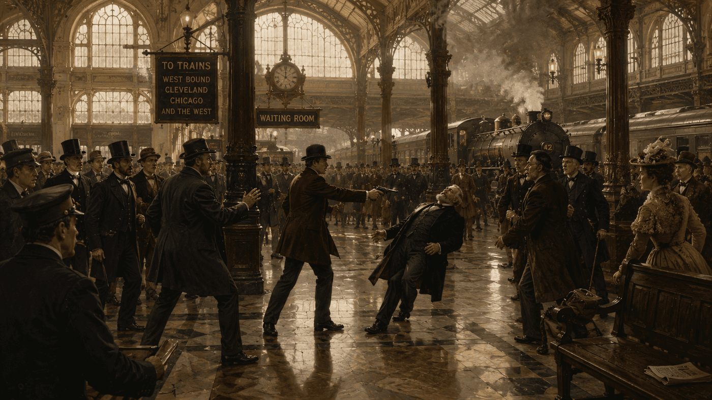 The grand interior of a 19th-century railroad station with vaulted ceilings, afternoon light falling across marble floors and iron columns