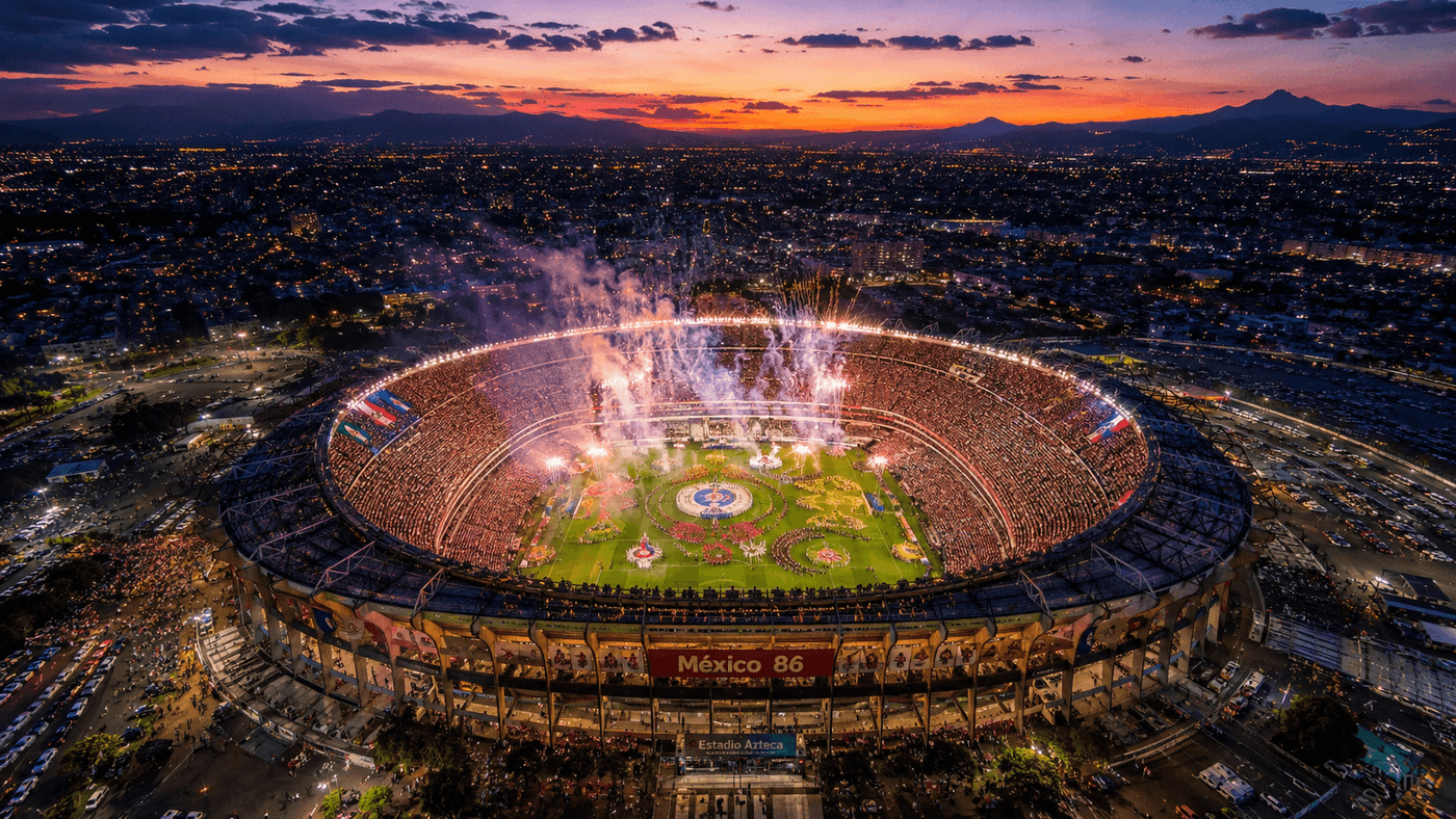 An aerial view of the Estadio Azteca packed with 87,000 fans under a brilliant evening sky