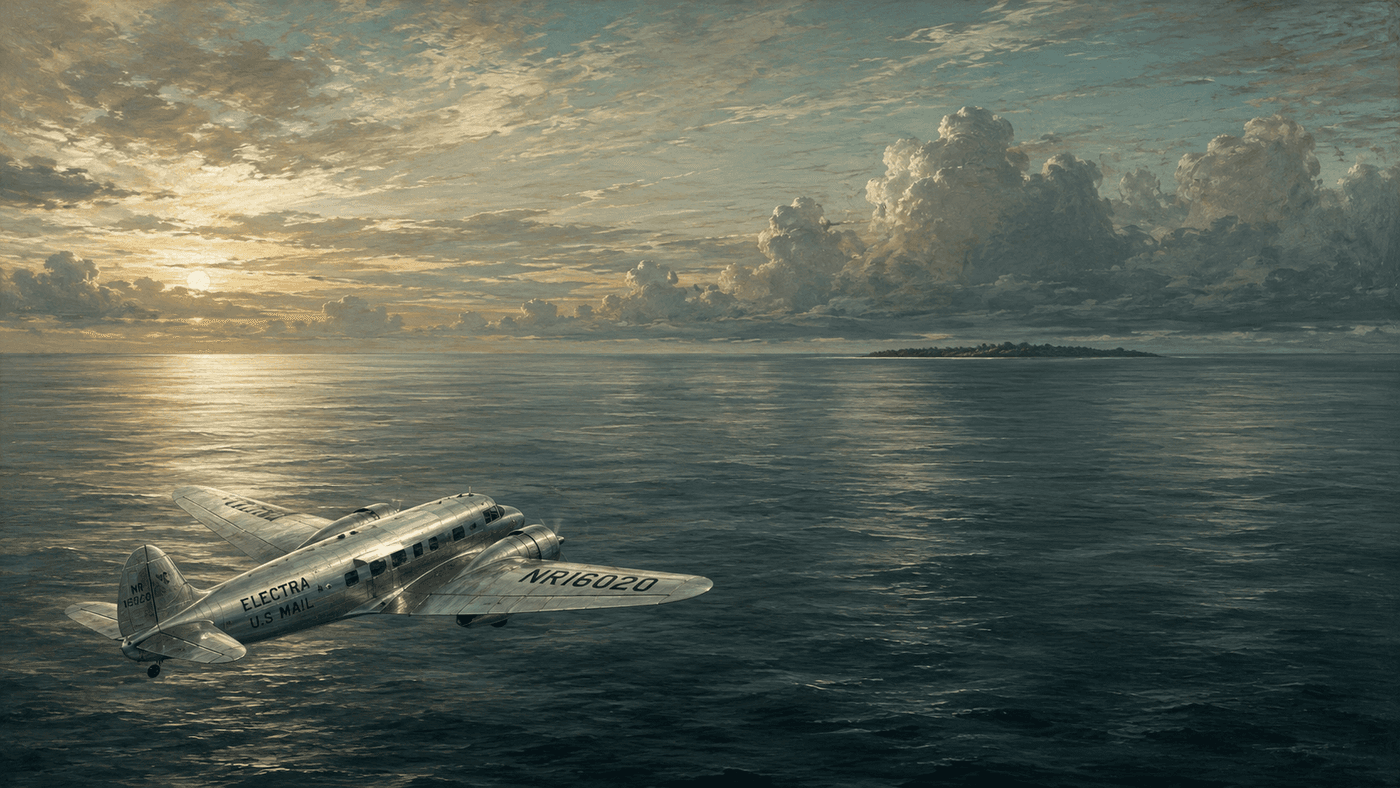 Amelia Earhart's twin-engine Lockheed Electra aircraft soaring above a vast expanse of Pacific Ocean under a dramatic sky