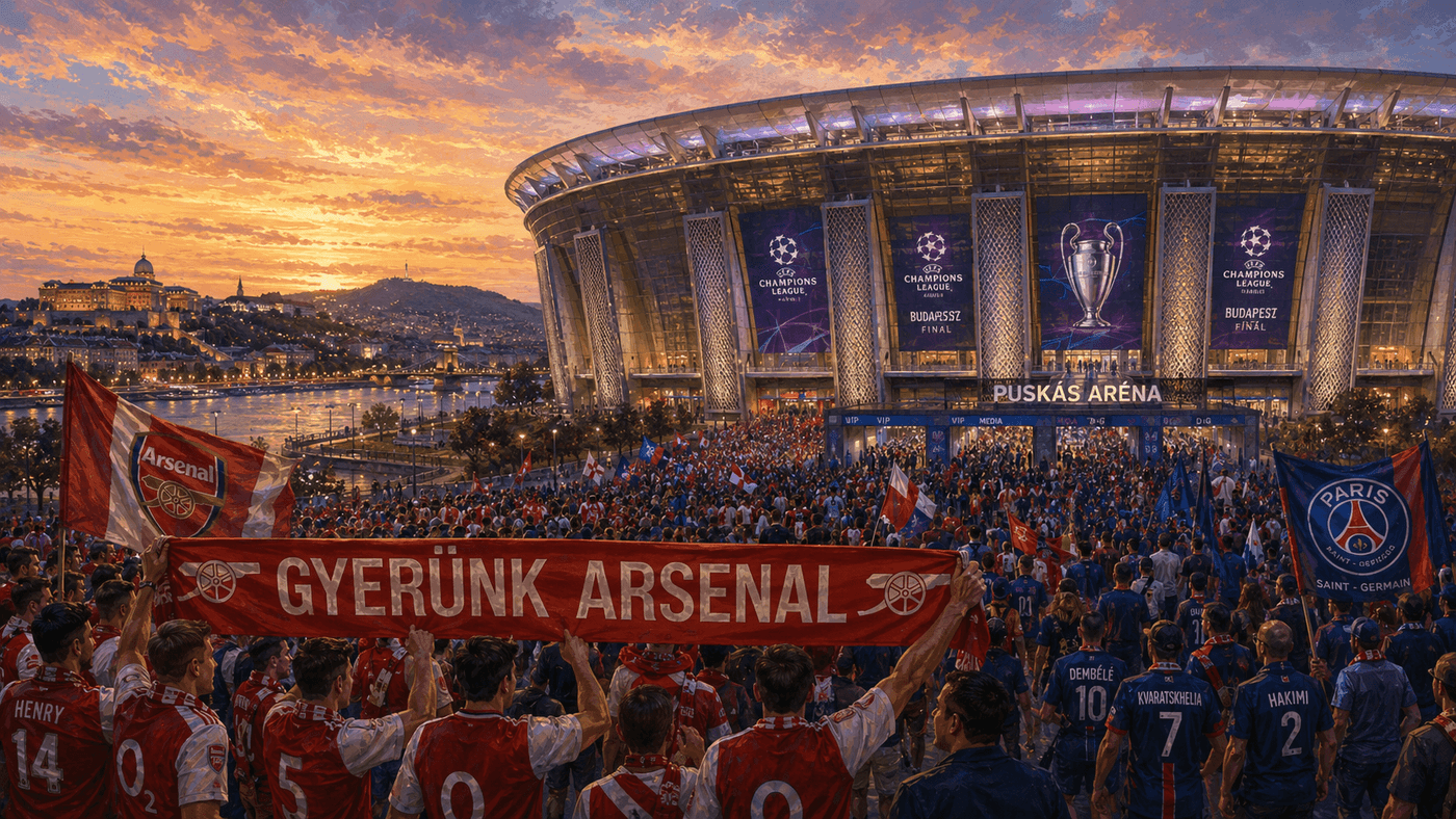 The Puskás Aréna in Budapest lit up at night for a major UEFA final, with fans filling the stands in red and white and blue and red