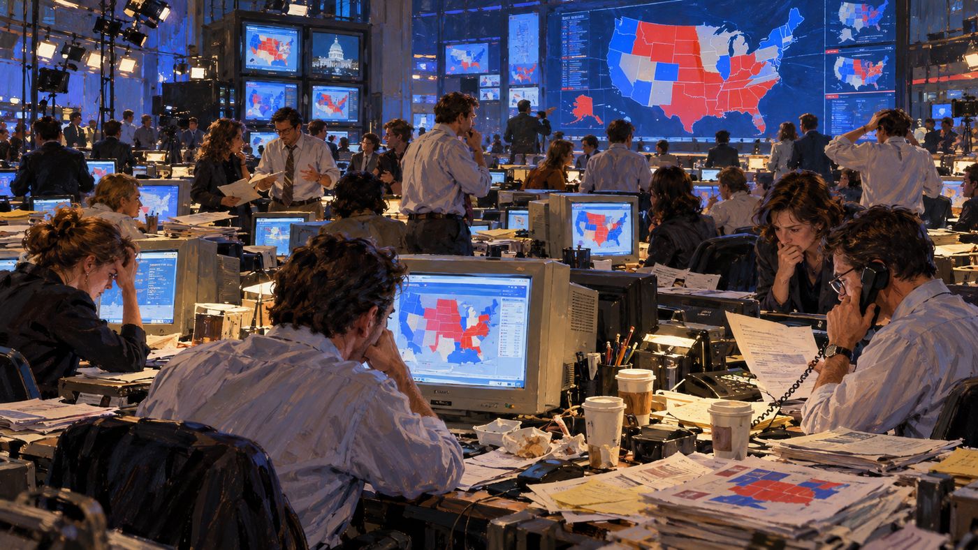 A painterly illustration of an American newsroom on election night 2000 — reporters and producers crowded around screens and monitors showing electoral maps, the tension and confusion of a night that refuses to produce a winner