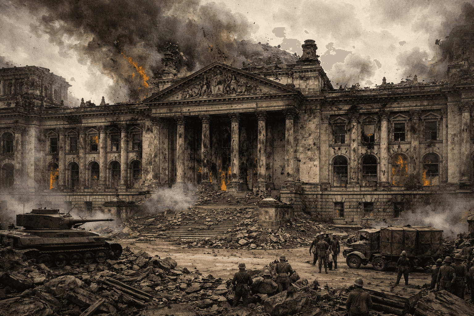The ruined facade of the Reich Chancellery in Berlin surrounded by rubble and smoke in the final days of World War II