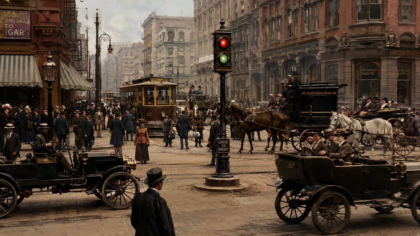 A busy 1910s American city intersection with automobiles, streetcars, and pedestrians, a traffic signal tower visible at the corner
