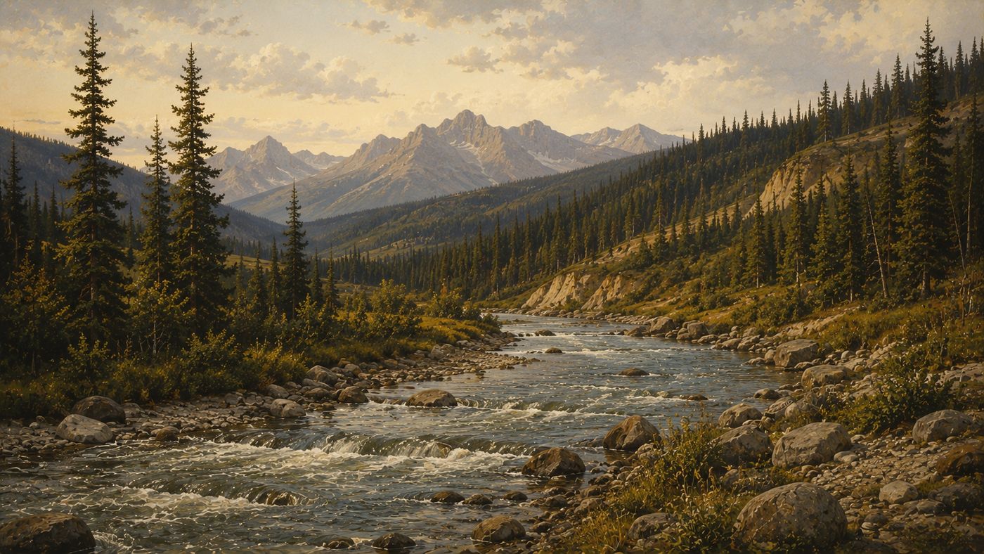 A remote Yukon river valley in late summer, spruce forests lining the banks of a clear fast-moving creek, the subarctic landscape vast and unpeopled