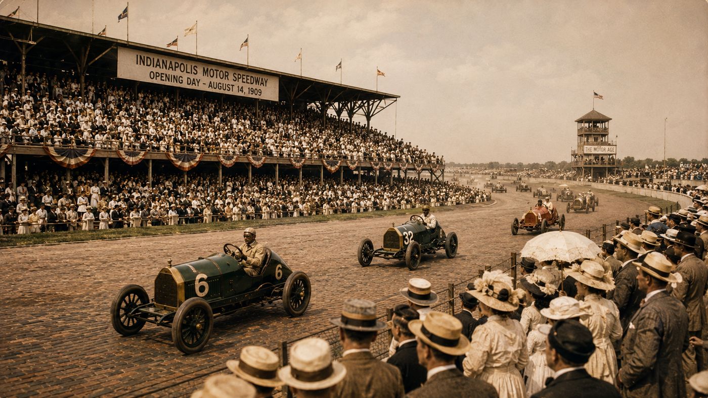 The Indianapolis Motor Speedway oval in the early 20th century, early racing automobiles visible on a brick-surfaced track, spectators lining the infield