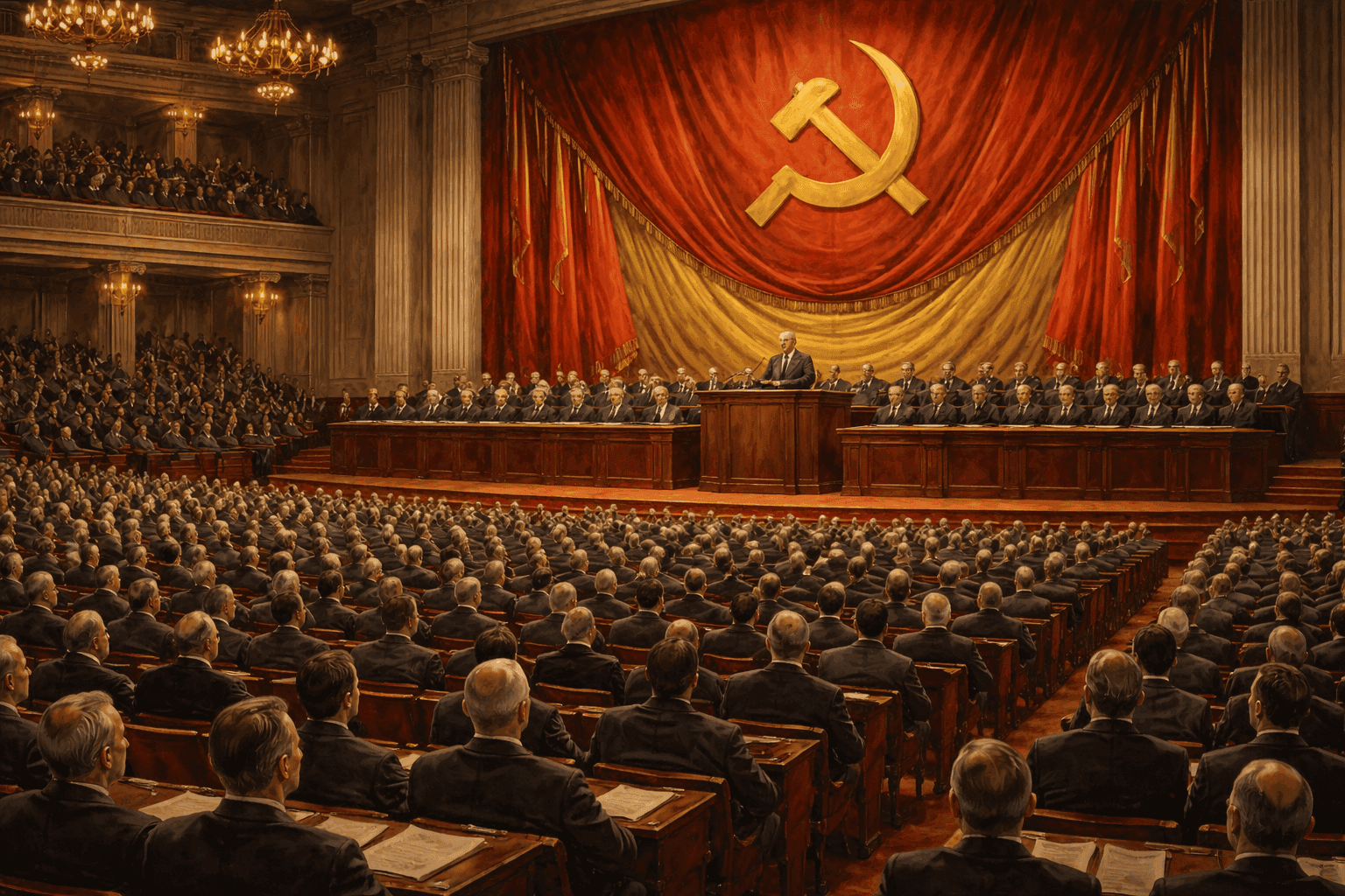 Historical illustration of a Soviet Party Congress hall with delegates and grand Communist architecture