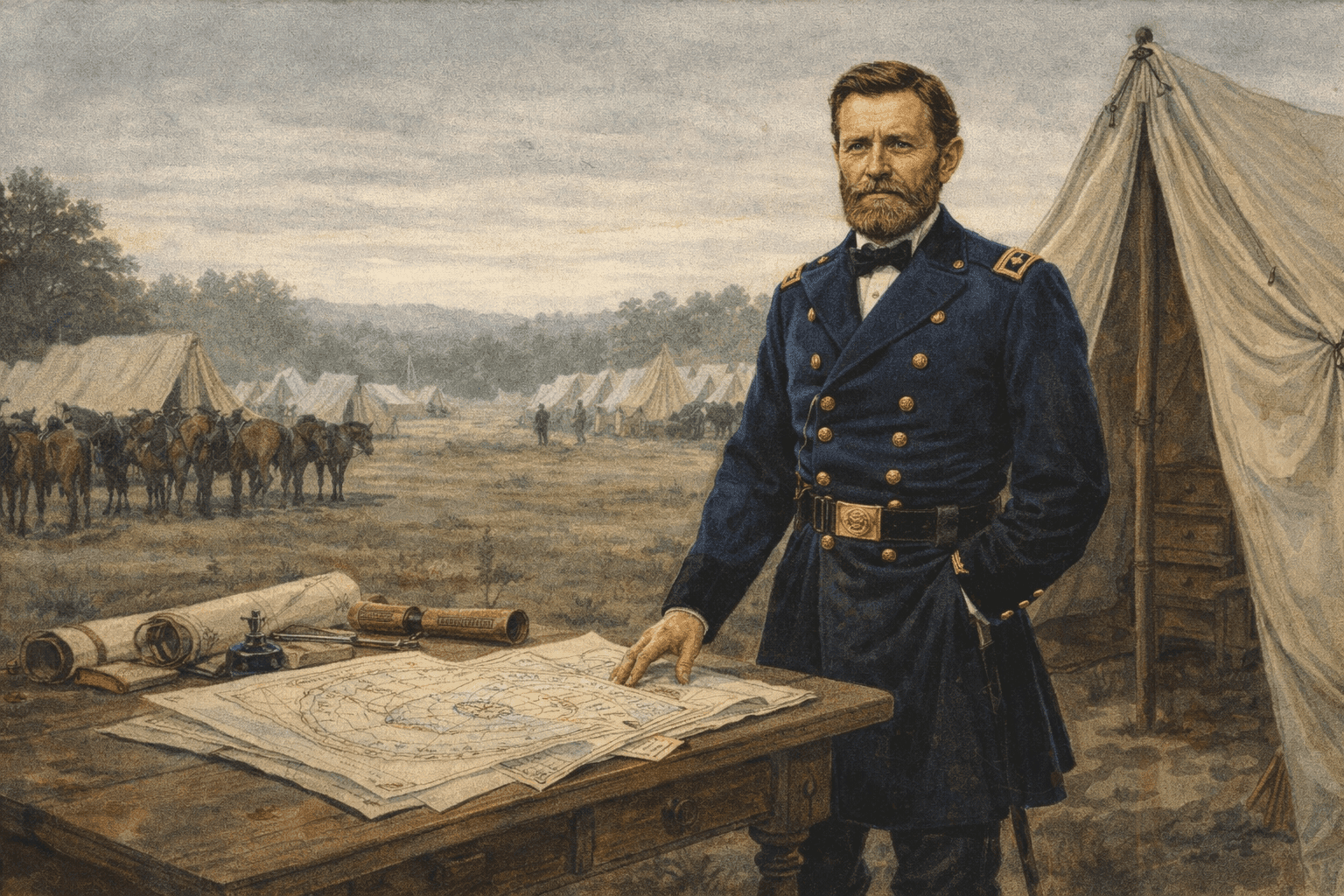 General Ulysses S. Grant standing in front of a military tent in the field during the Civil War in full Union uniform