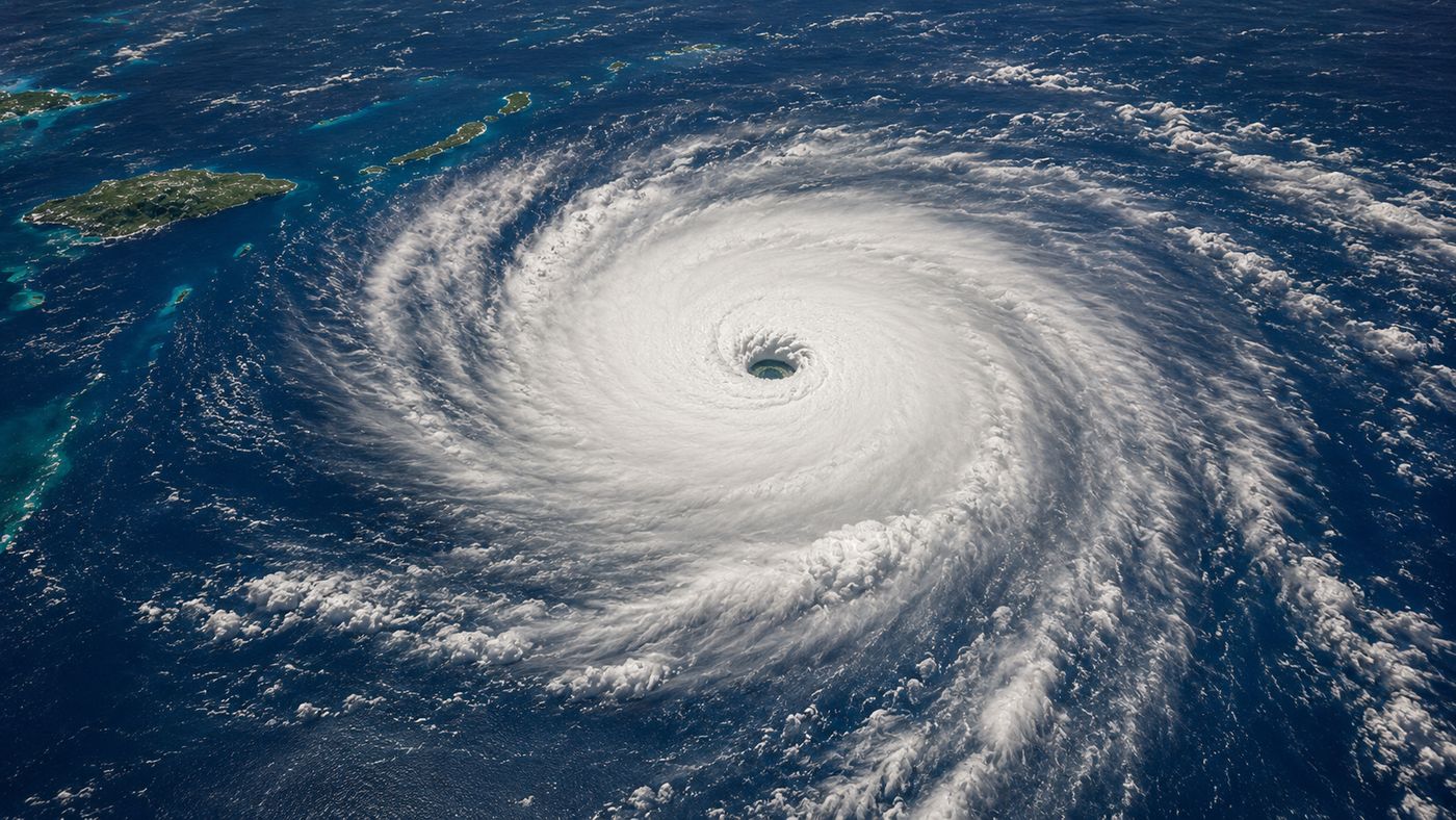 A satellite view of a massive hurricane spiral over the Caribbean Sea, the storm's eye clearly visible at the center of the swirling cloud formation