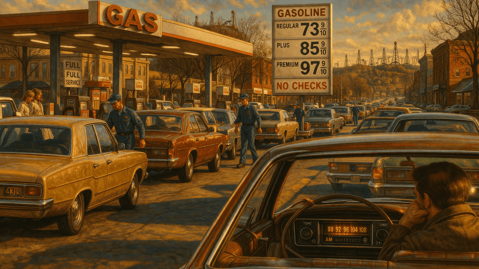 A long line of cars stretching around the block waiting at a gas station, a scene reminiscent of the 1973 oil crisis, with a price board showing dramatically elevated fuel prices