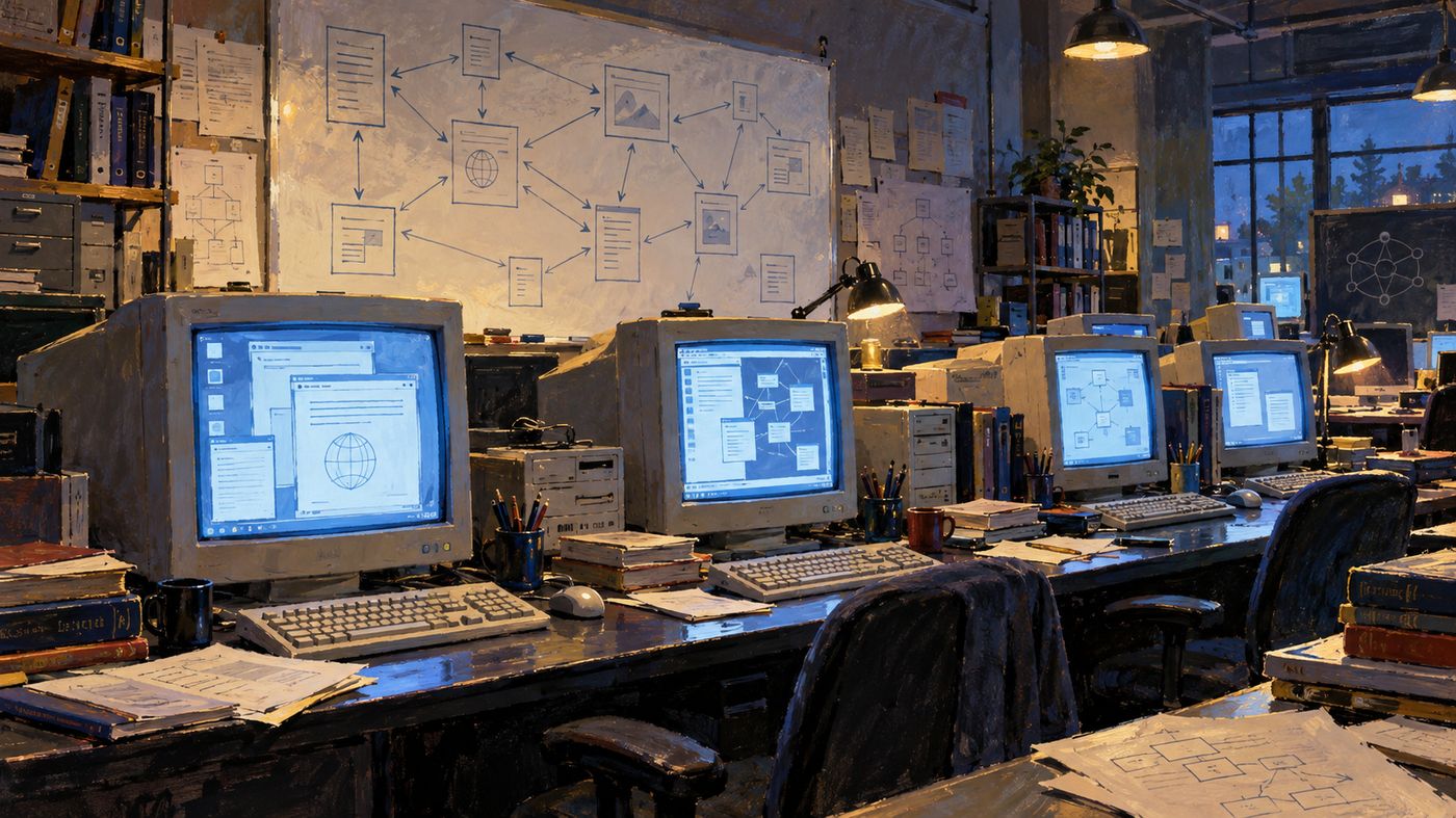 A painterly illustration of a 1990s computer science laboratory — workstations and monitors on long desks, the distinctive glow of early computer screens, a whiteboard covered in diagrams and linked boxes suggesting the architecture of a hypertext system
