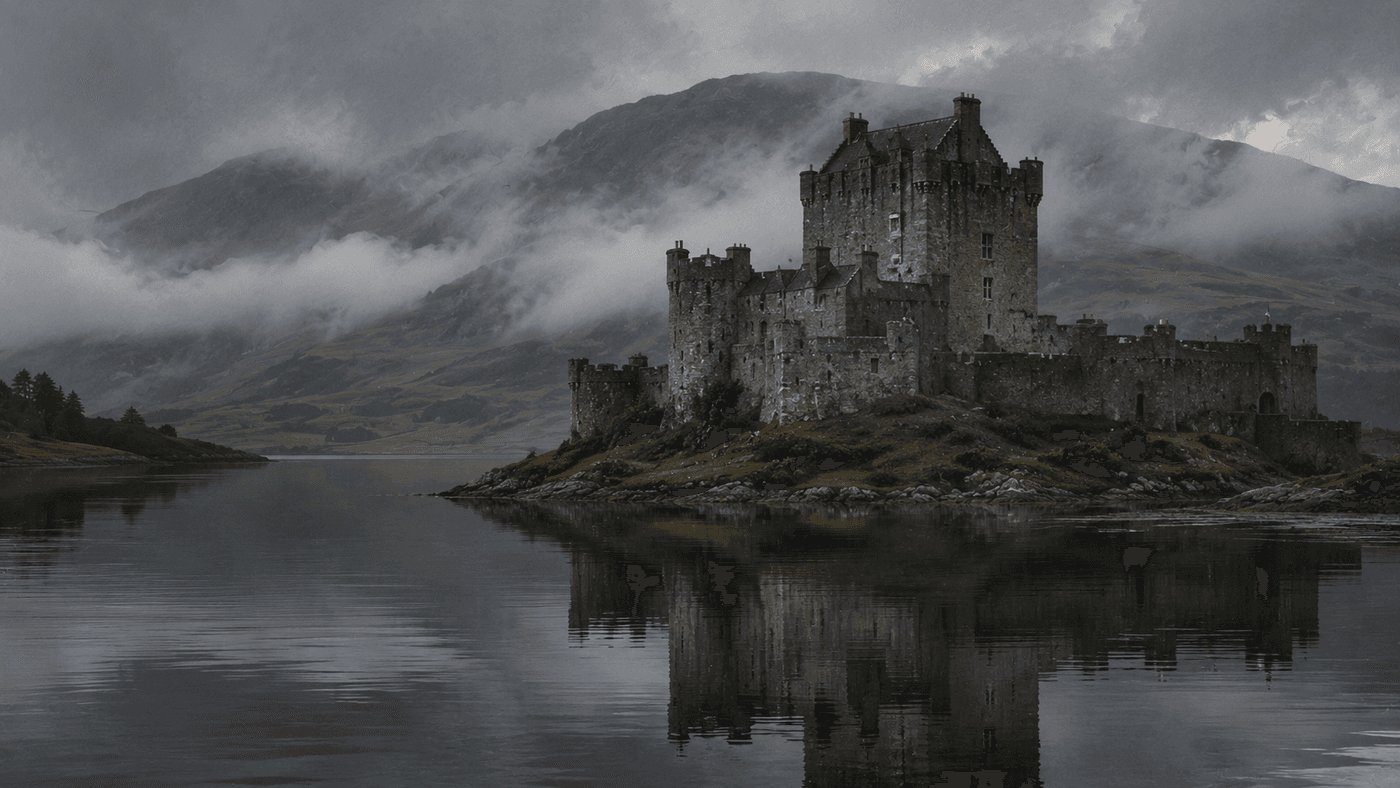 A remote Scottish castle on a misty loch, gray stone towers rising from still water under a heavy overcast sky