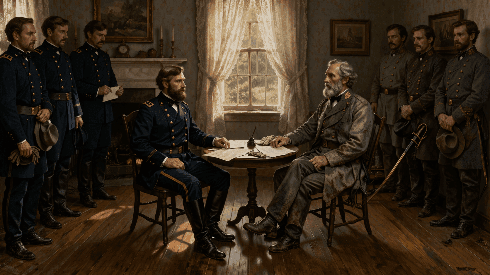 Two Civil War generals meeting inside a modest Virginia farmhouse parlor to sign surrender documents in 1865