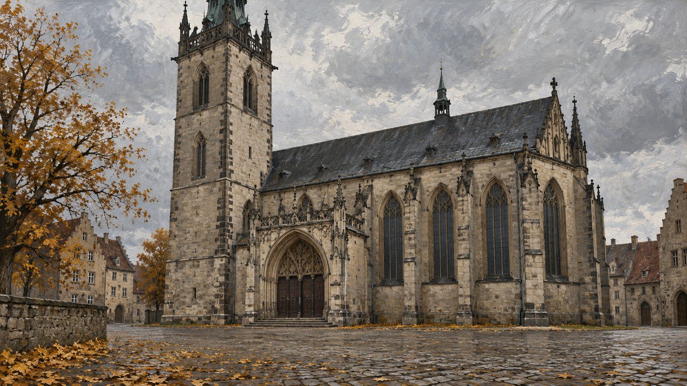 A painterly illustration of the Castle Church in Wittenberg, Germany — a Gothic stone church with a tall tower, the wooden doors at its entrance visible, the quiet cobblestone square before it under an overcast autumn sky