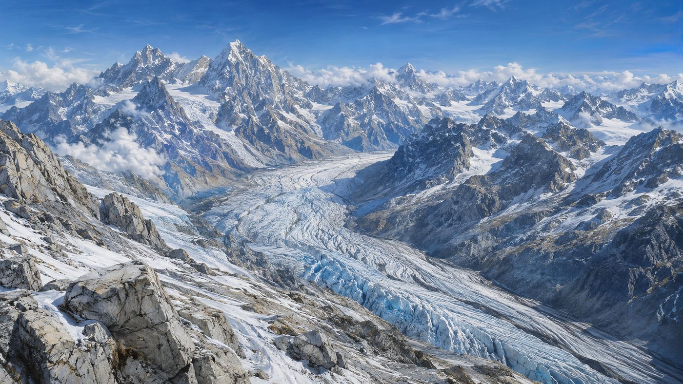 A high Alpine glacier landscape in the Ötztal Alps, rocky peaks and fields of ice visible, the terrain remote and ancient
