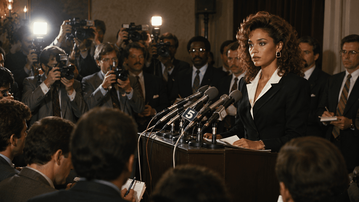 A formal press conference setting with microphones and camera flashes, an elegantly dressed woman at a podium before a crowded room