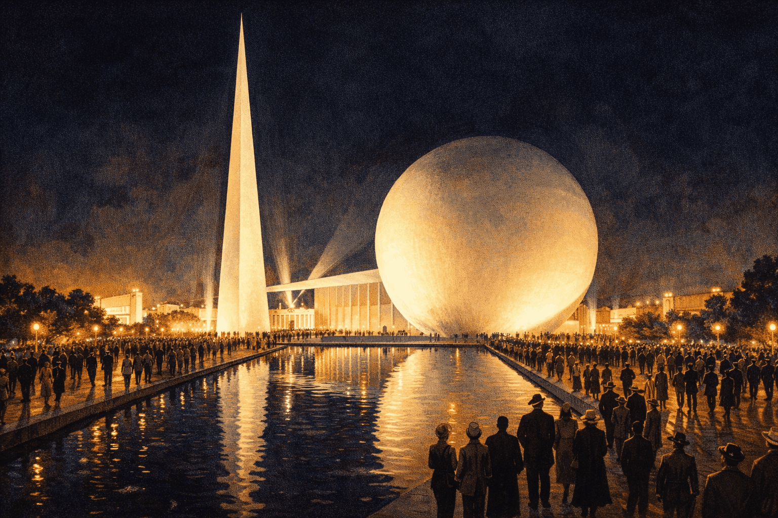 The 1939 New York World's Fair grounds at night with the illuminated Trylon and Perisphere reflected in a fountain pool