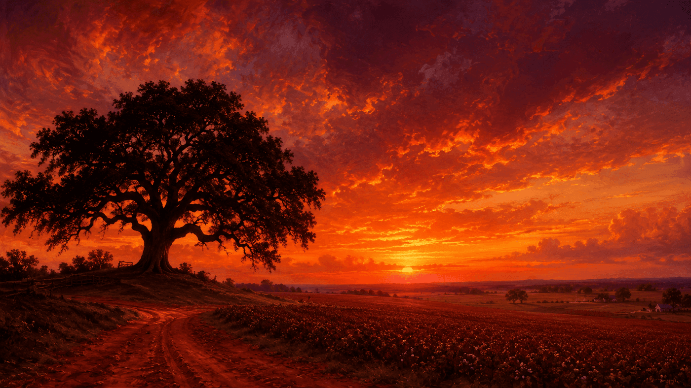 A red Georgia clay landscape at sunset with a plantation-era silhouette against a vivid orange and crimson sky