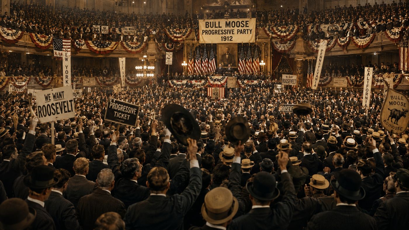 A packed 1912 political convention hall with delegates waving banners and signs, a speaker at a podium before an enthusiastic crowd