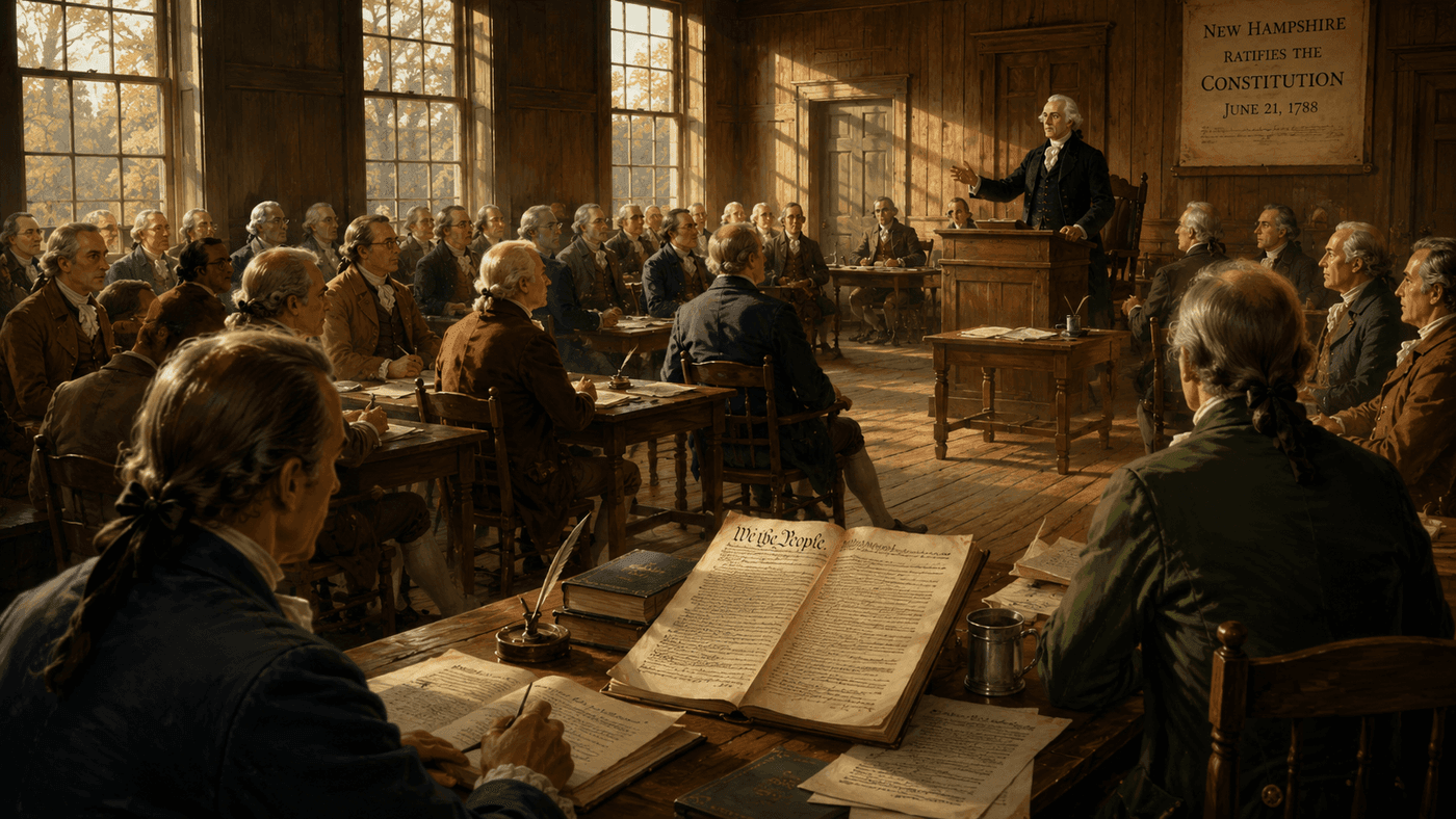 A colonial-era assembly hall with delegates seated at wooden tables beneath tall windows, candlelight illuminating a document at the center
