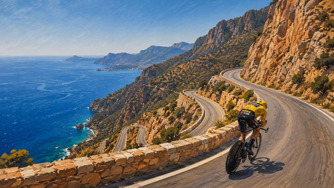 A lone cyclist descending a mountain road in Spain during La Vuelta, the Mediterranean coast visible far below in the distance