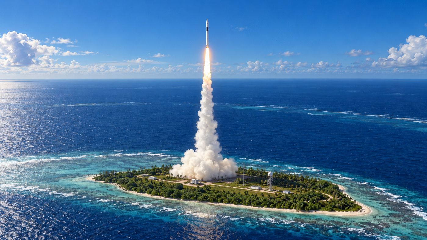 A sleek private rocket launching from a Pacific island launch pad, the rocket ascending on a column of flame against a deep blue sky, the ocean visible in every direction