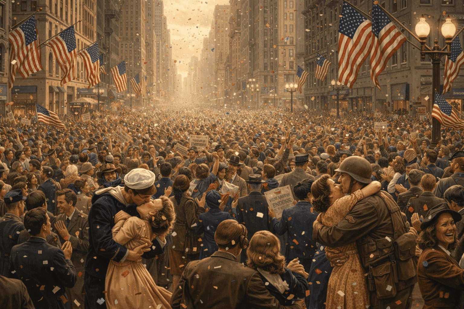 Enormous jubilant crowds filling Times Square in New York City on V-E Day in May 1945 with American flags waving