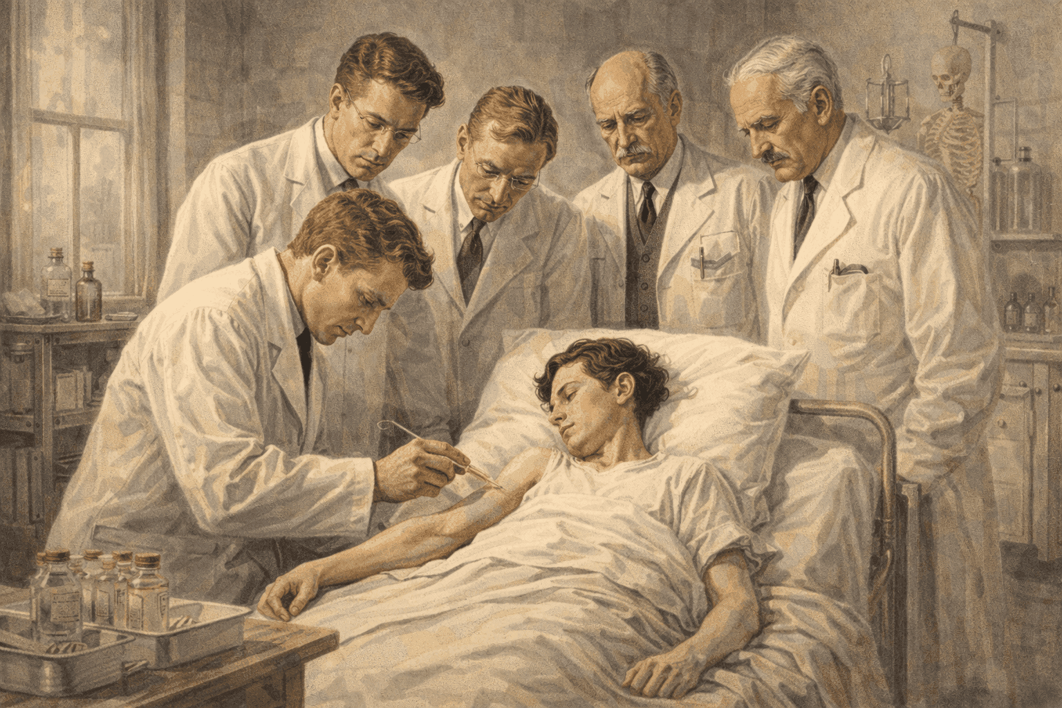 Medical team administering the first insulin treatment in 1922 hospital setting with period-accurate medical equipment and hopeful atmosphere