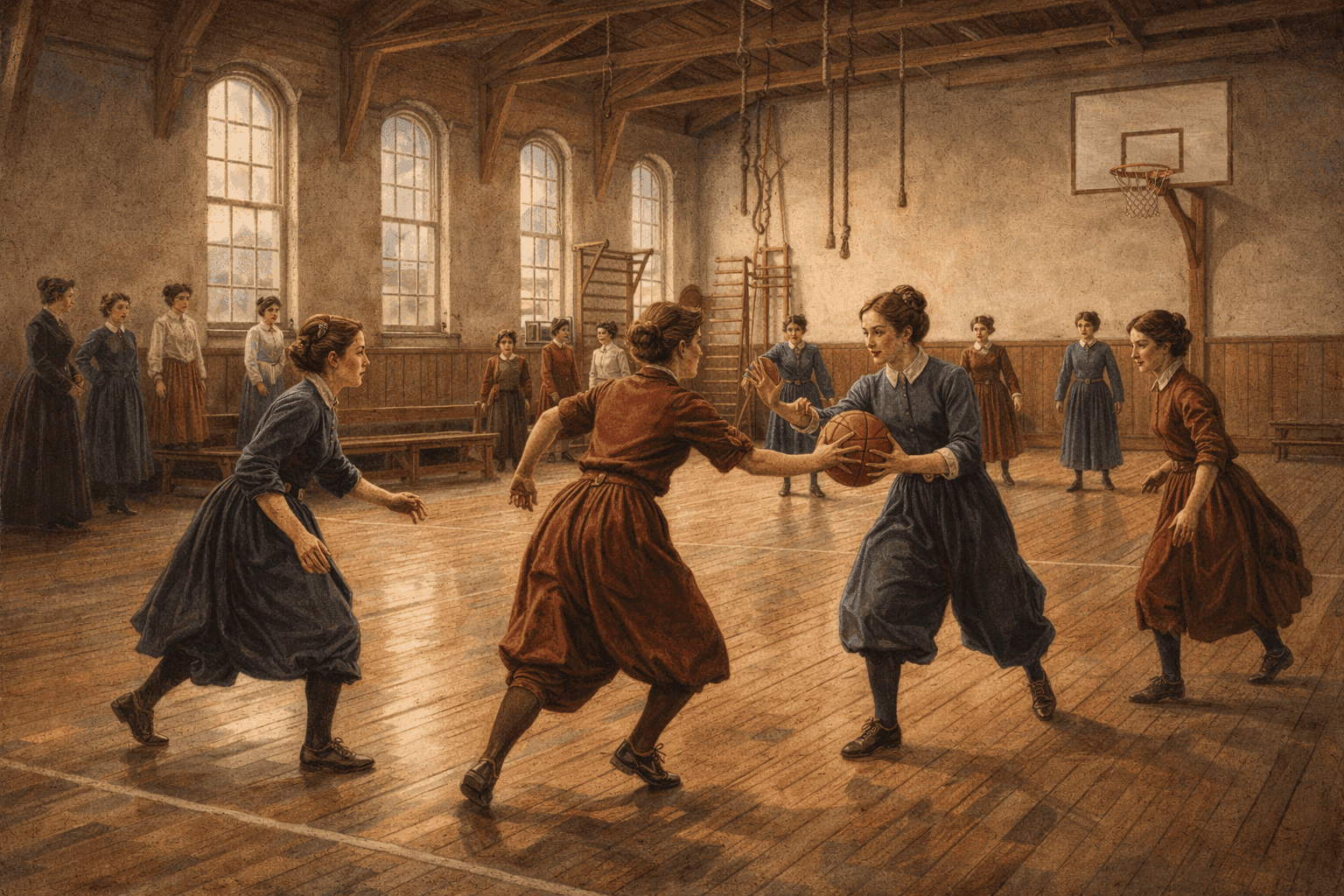 Historical illustration of 1890s women's college gymnasium with period athletic equipment and Victorian architecture