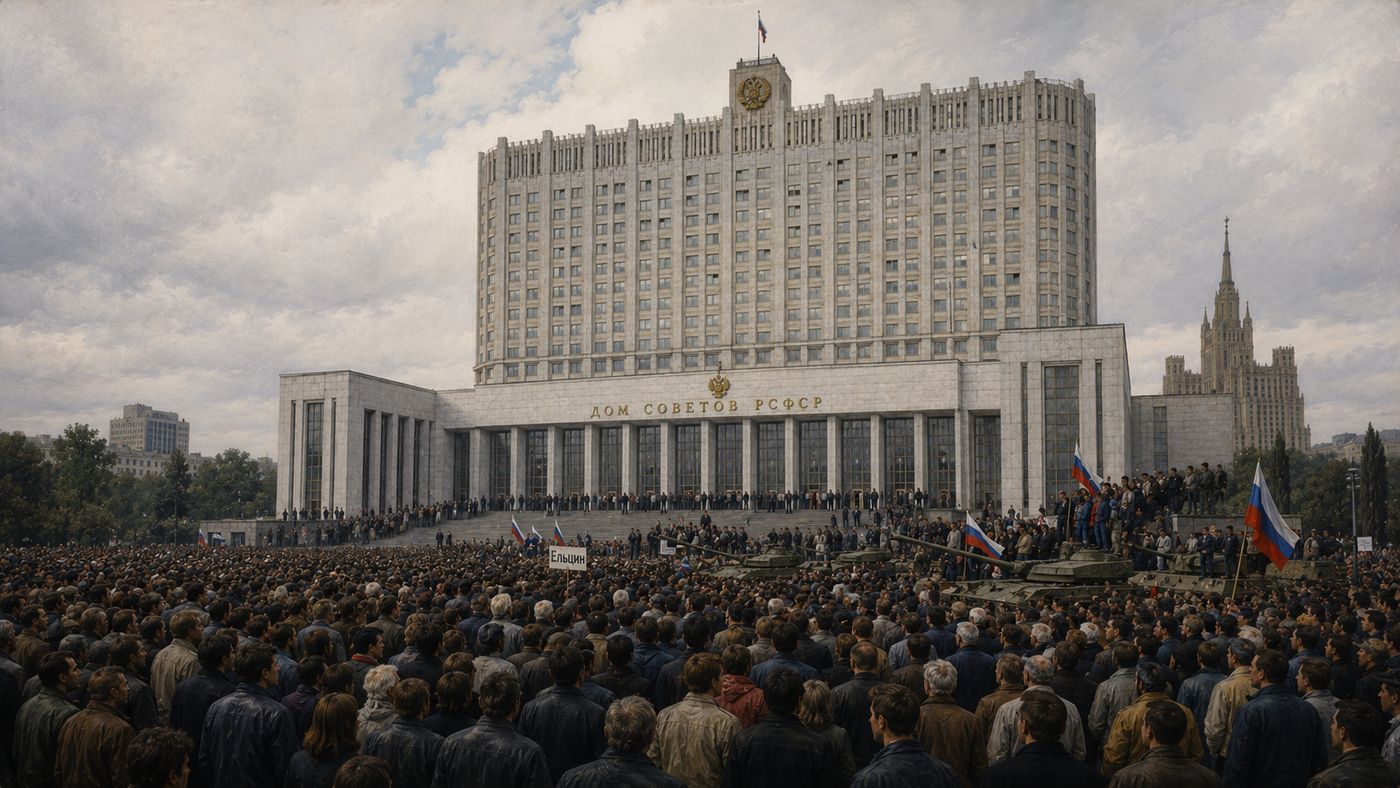 A massive Soviet-era government building in Moscow with crowds of civilians gathered outside, the atmosphere tense and historic