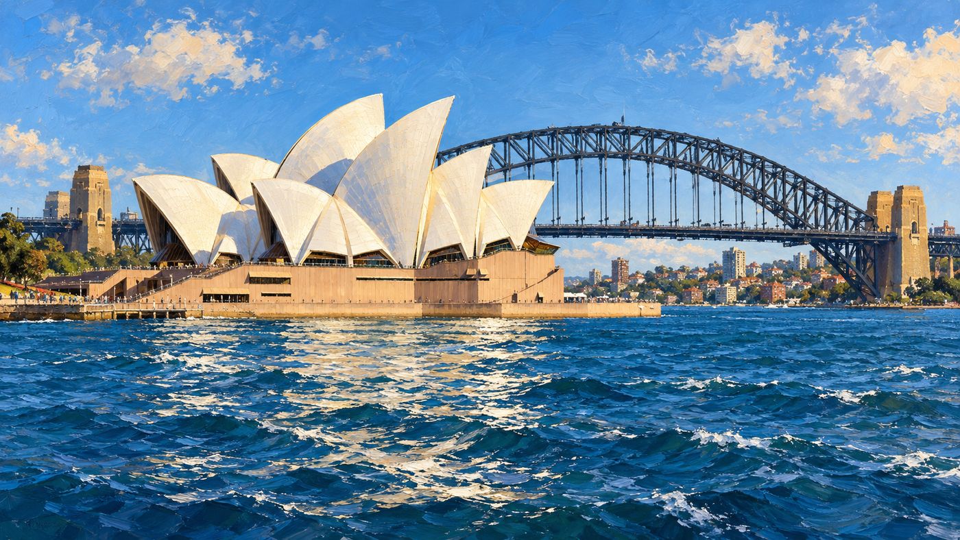 A painterly illustration of the Sydney Opera House seen from the harbour — its distinctive white shell-like roof structures rising above Bennelong Point, Sydney Harbour Bridge visible in the background, the deep blue water of the harbour in the foreground