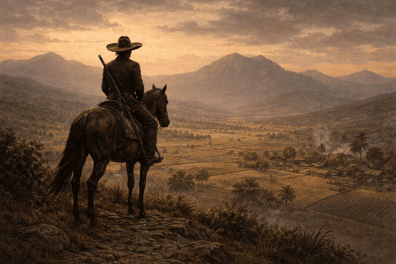 A Mexican revolutionary leader on horseback in the foreground of a vast rural landscape with mountains and farmland behind him