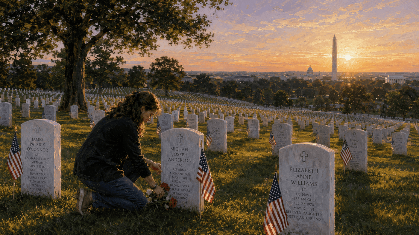 Arlington National Cemetery in spring, rows of white headstones decorated with small American flags as far as the eye can see